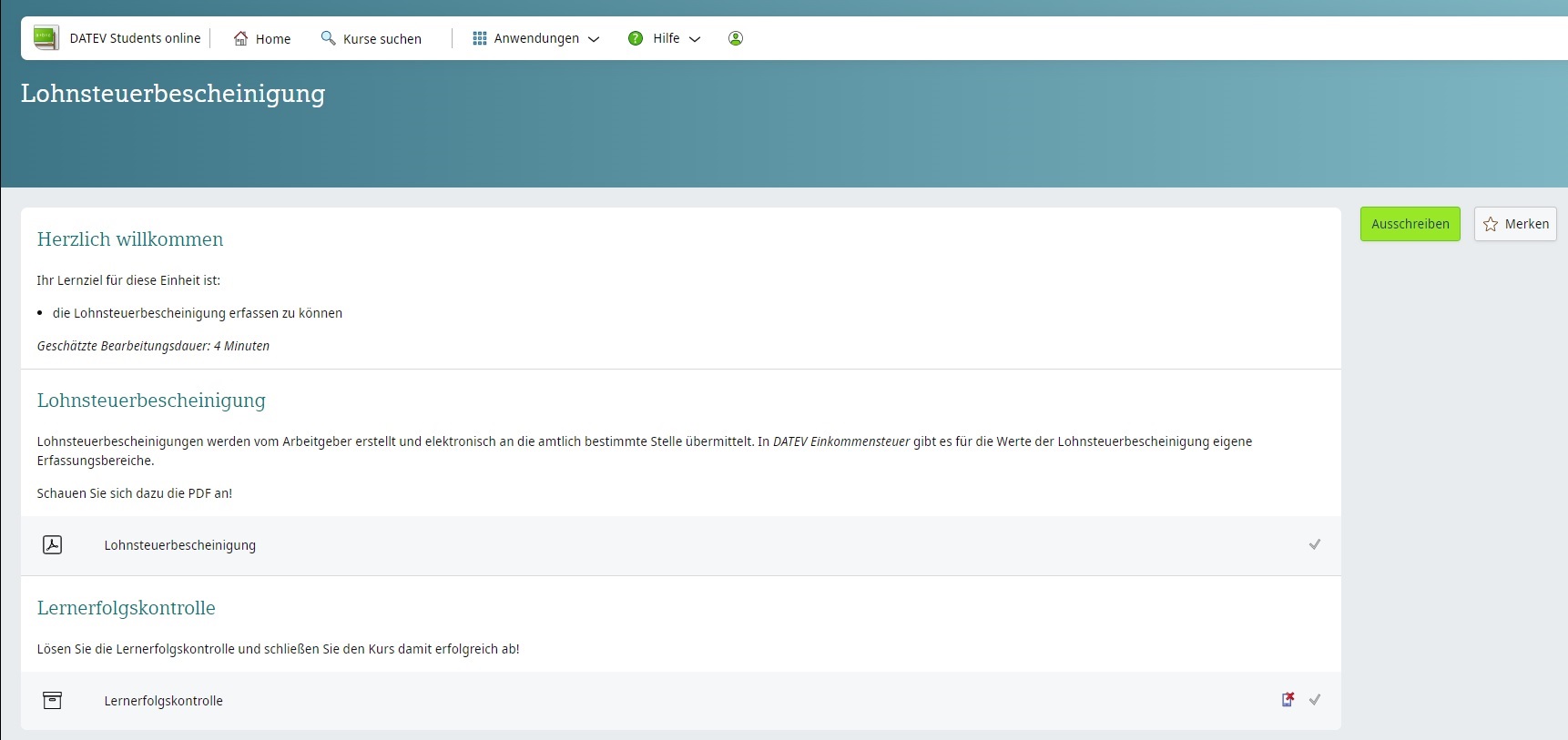 Screenshot aus DATEV Students online Lohnsteuerbescheinigung
