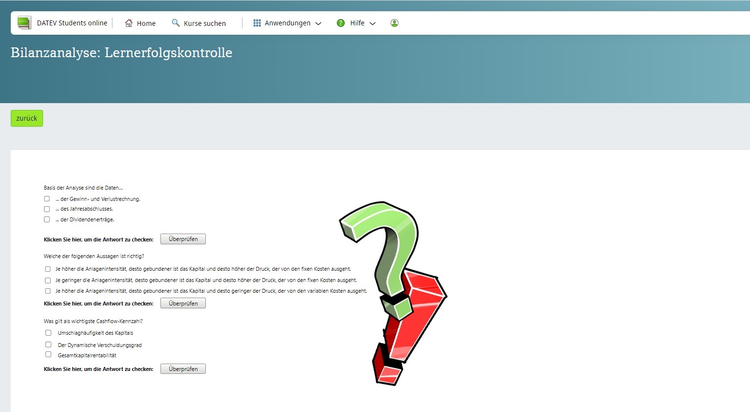 Screenshot aus DATEV Students online Lernerfolgskontrolle