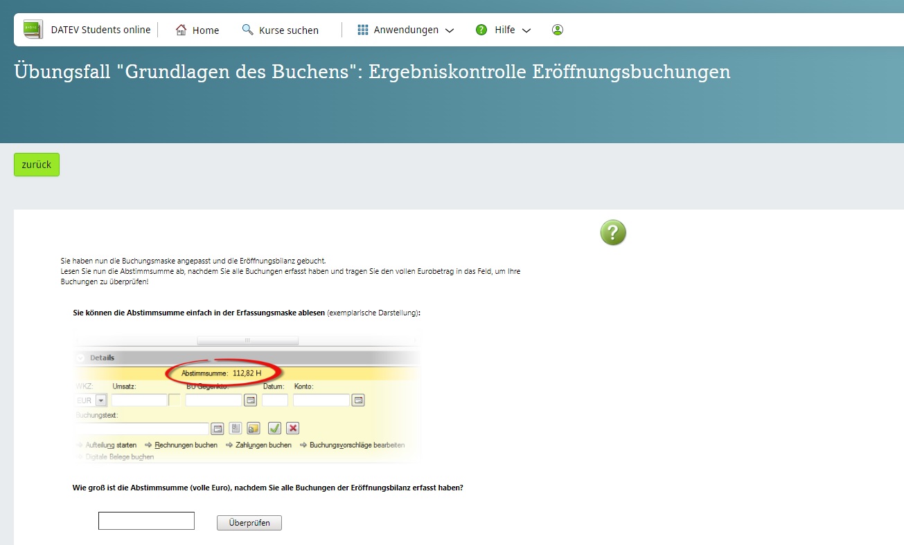 Bildschirmansicht eines DATEV Online-Kurses mit dem Titel „Grundlagen des Buchens“, der die Ergebniskontrolle von Eröffnungsbuchungen thematisiert. Eine hervorgehobene Darstellung zeigt die Abstimmmaske mit einer Summe von 112,82 Euro.
