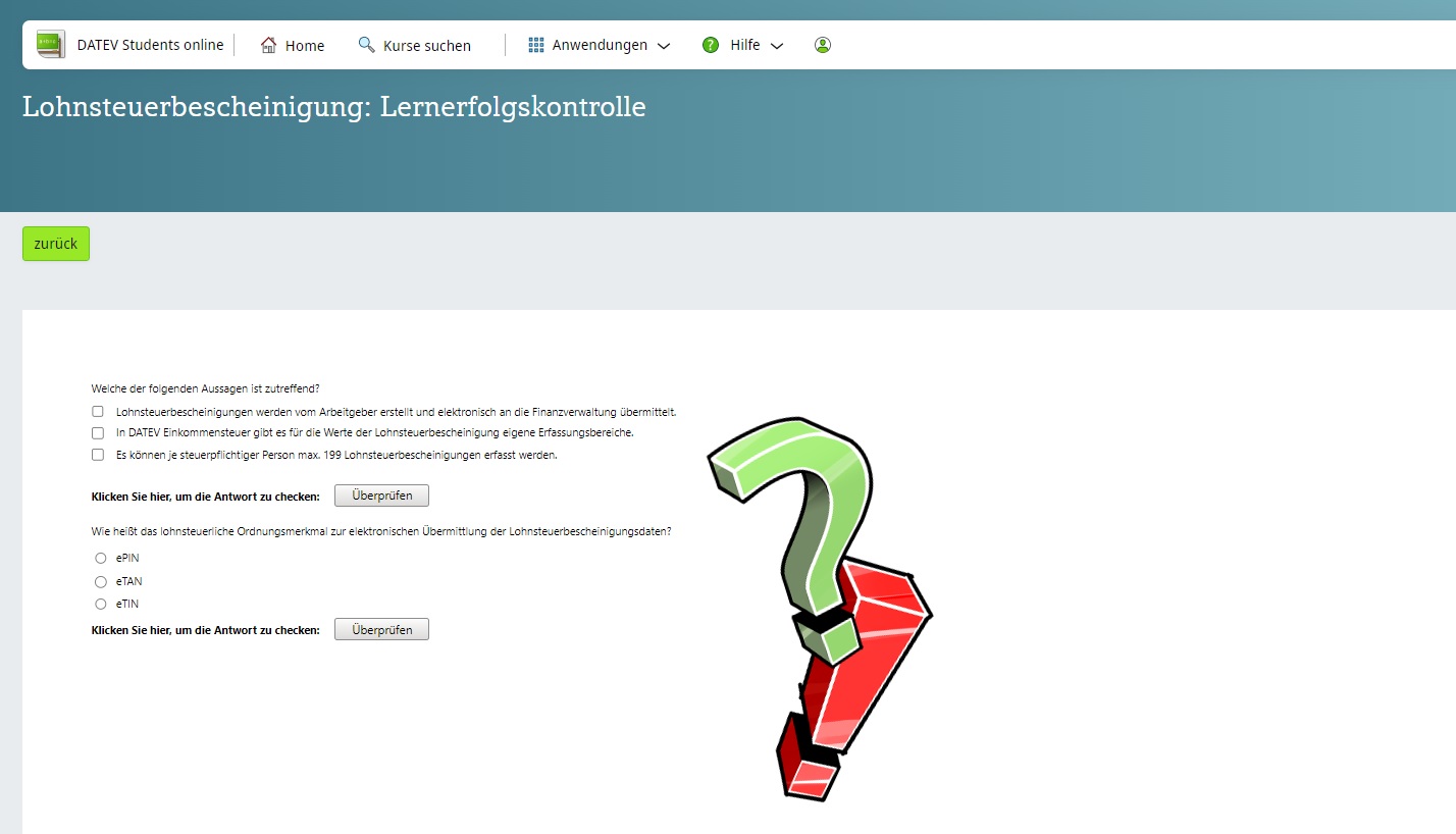 Screenshot aus DATEV Students online Lernerfolgskontrolle Lohnsteuer