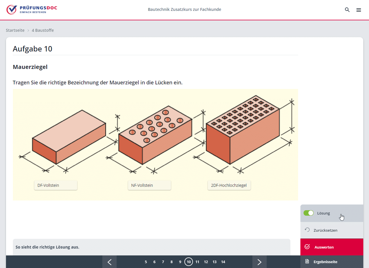 Das Bild zeigt eine Demoaufnahme aus dem digitalen Prüfungskurs "Bautechnik" zur Fachkunde Bau. Beispielseite 3