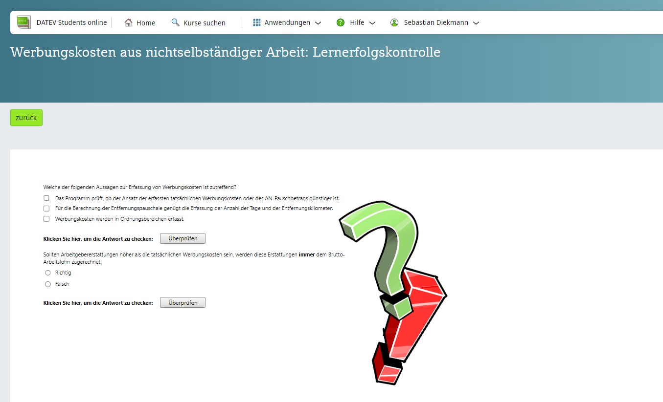 Screenshot aus DATEV Students online Lernerfolgskontrolle Werbungskosten