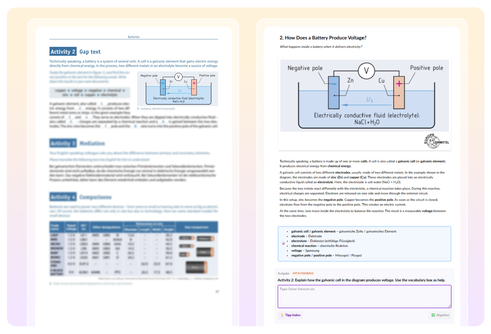 Lehrwerksseite VEL neben korrespondierendem Teachino-Material