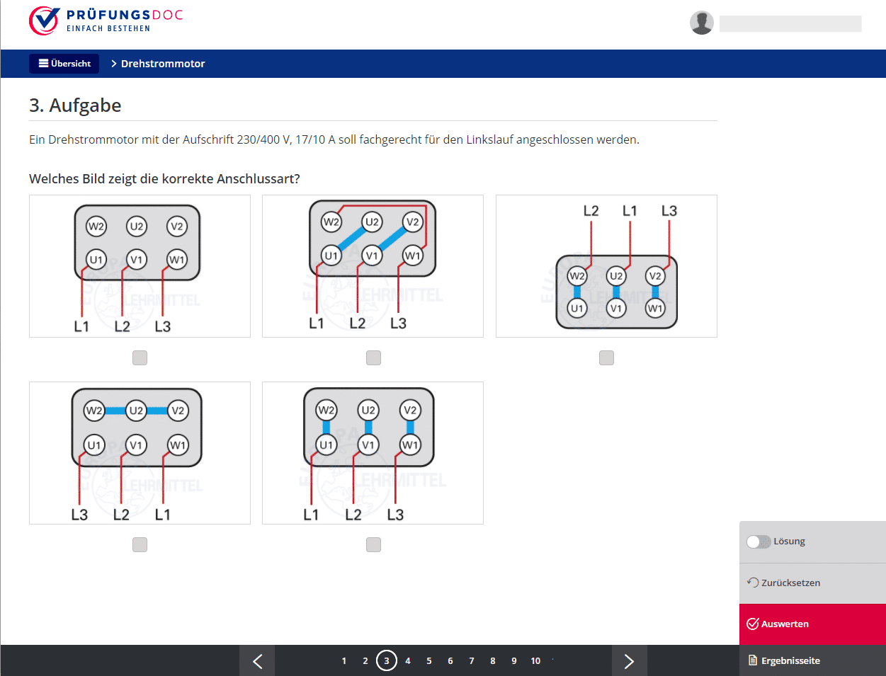 Fünf Diagramme zeigen verschiedene Anschlussarten eines Drehstrommotors mit der Aufschrift 230/400 V, 17/10 A. Die Aufgabe besteht darin, die korrekte Anschlussart für den Linkslauf des Motors auszuwählen.