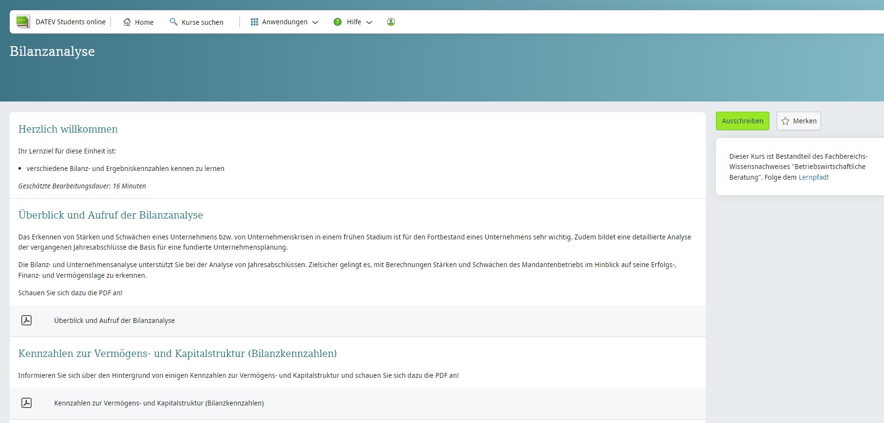 Screenshot aus DATEV Students online Bilanzanalyse