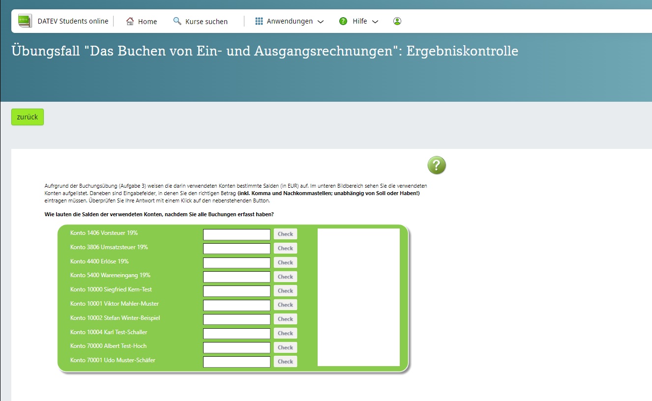 Screenshot aus DATEV Students online Lernerfolgskontrolle Buchen