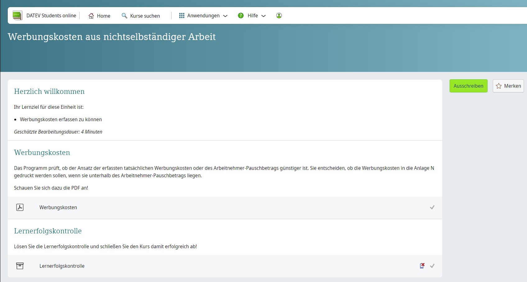 Screenshot aus DATEV Students online Werbungskosten