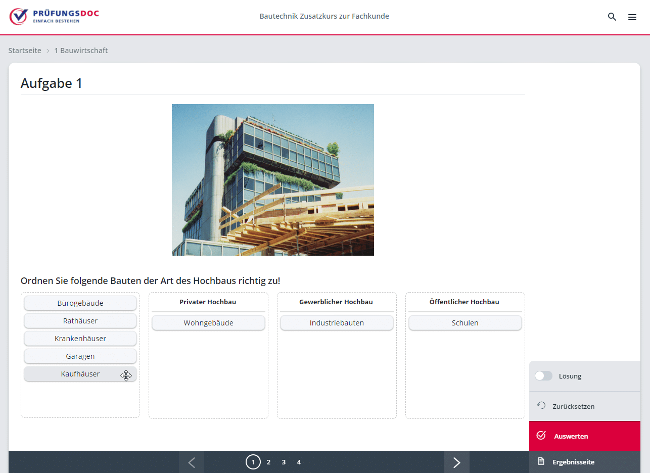 Das Bild zeigt eine Demoaufnahme aus dem digitalen Prüfungskurs "Bautechnik" zur Fachkunde Bau. Beispielseite 1