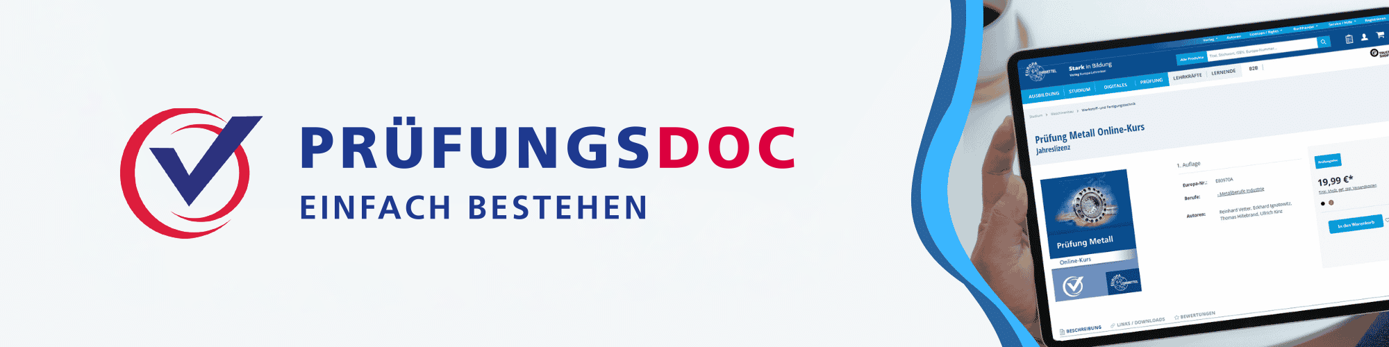 Das Bild zeigt unsere Plattform Prüfungsdoc und eines unserer Angebote im Webshop für digitale Bücher