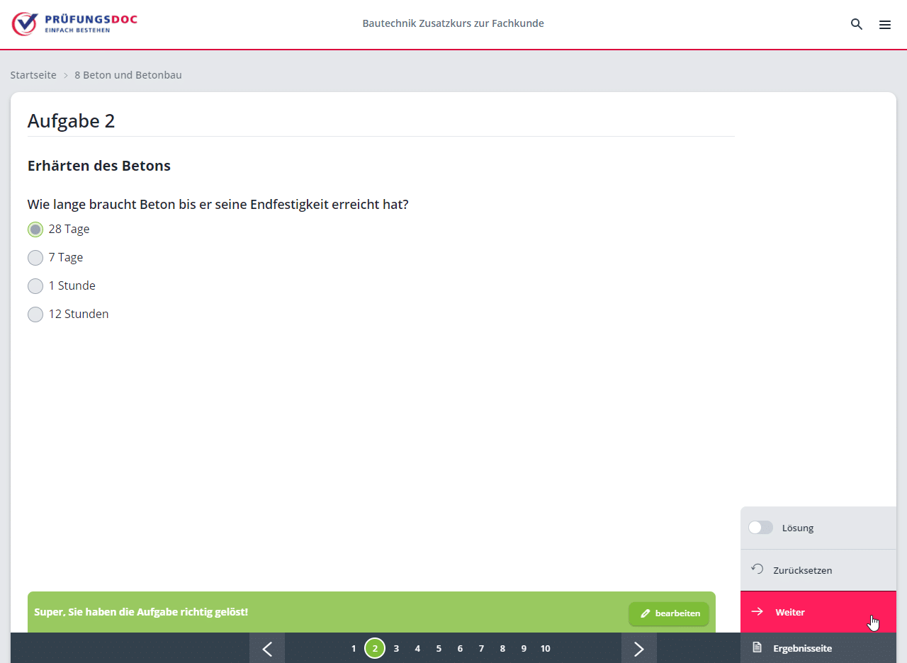 Das Bild zeigt eine Demoaufnahme aus dem digitalen Prüfungskurs "Bautechnik" zur Fachkunde Bau. Beispielseite 2
