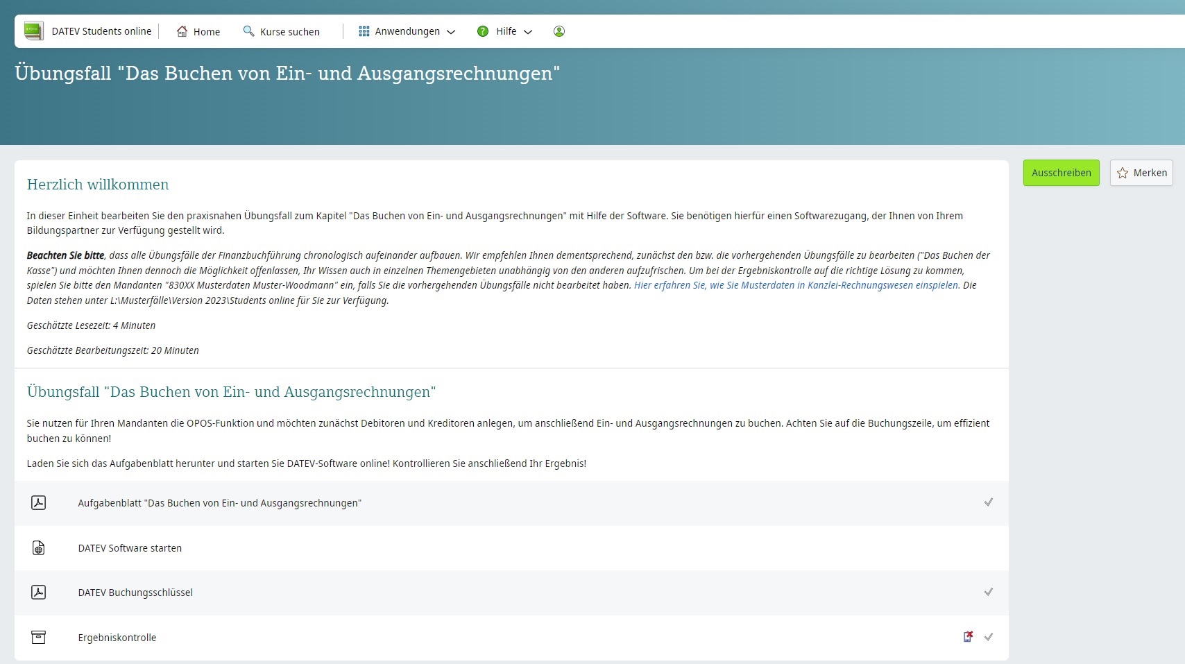 Screenshot aus DATEV Students online Buchen von Ein- und Ausgangsrechnungen