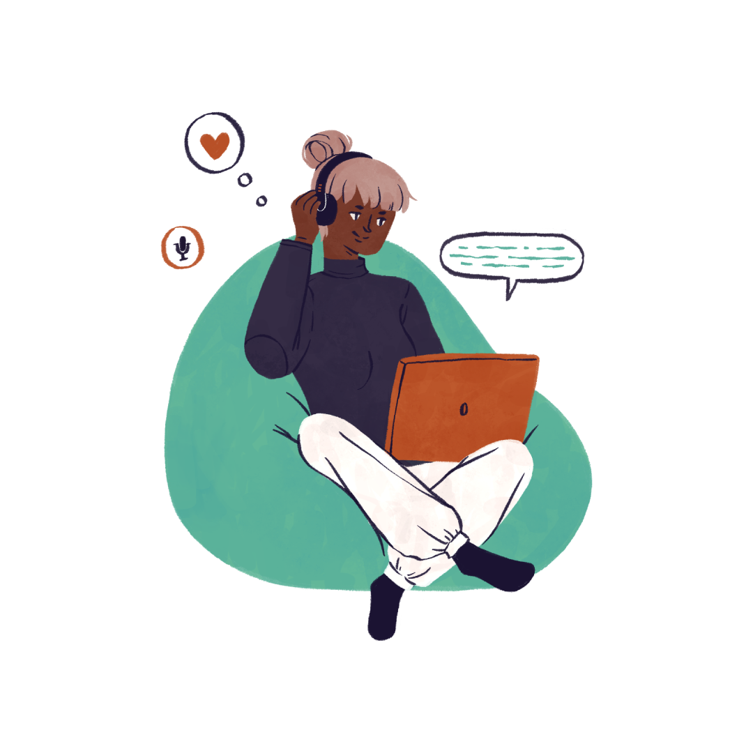 Eine Frau sitzt in einem türkisfarbenen Sitzsack und trägt Kopfhörer, während sie auf einem Laptop tippt; neben ihr sind Symbole für Unterhaltung und Kommunikation.